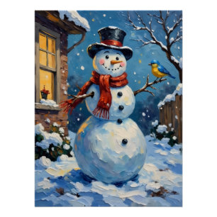 Pôster Cena de Inverno do Boneco de Neve Feliz Nostálgico