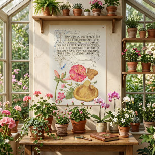 Poster Cena de jardim com flores, borboleta e cogumelo