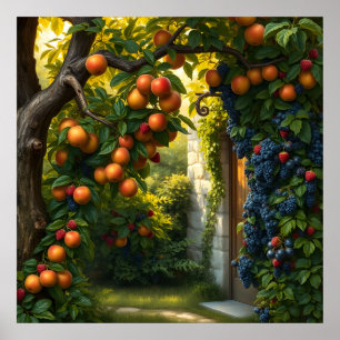 Poster Cena De Jardim Lush Com Maçãs E Uvas De Ripe