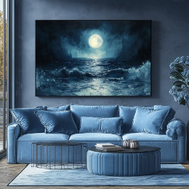 Poster Cena de Lua do Oceano Humano com Ondas Caindo