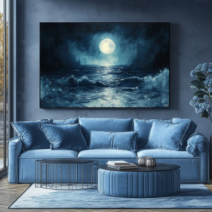 Poster Cena de Lua do Oceano Humano com Ondas Caindo