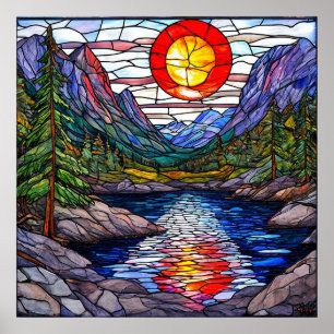 Poster Cena de montanha com lago e árvores