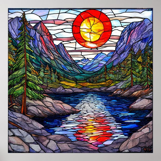 Poster Cena de montanha com lago e árvores (Frente)