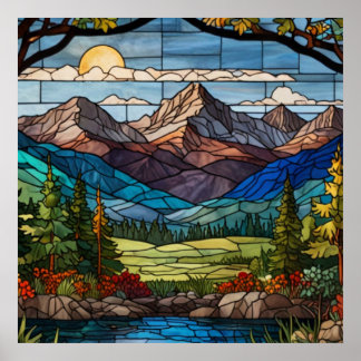 Poster Cena de montanha florestal em vitral vintage