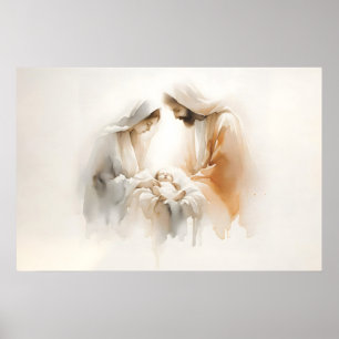 Poster Cena de Natal Aquarela Arte Cristã de Natal
