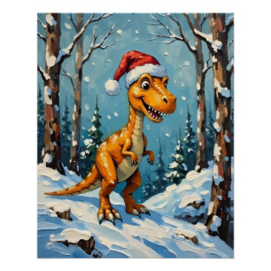 Pôster Cena de Natal com Dinossauro Vintage e Chapéu de P