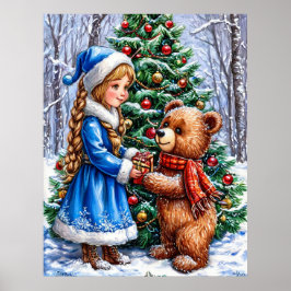 Poster Cena de Natal com Rapariga e Urso de Teddy