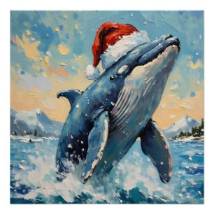 Pôster Cena de Natal de Baleia Vintage com Chapéu de Papa