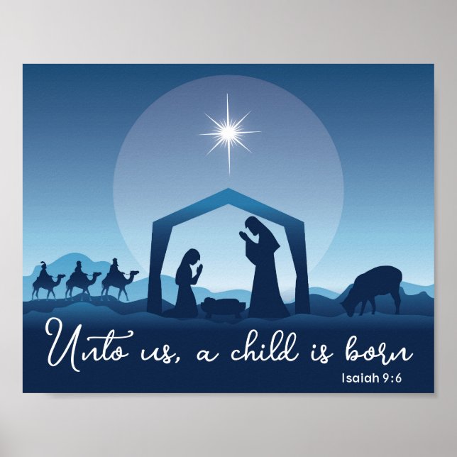 Poster Cena de Natal Religiosa Azul Cristã (Frente)