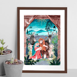 Poster Cena de natividade religiosa azul, vermelha Mary &