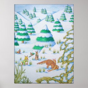 Poster cena de neve da vida selvagem de raposa e coelhos