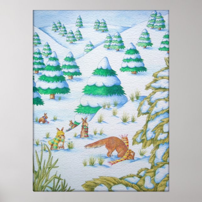 Poster cena de neve da vida selvagem de raposa e coelhos  (Frente)