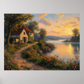Poster Cena de Paisagem ao Nascer do Sol em Fazenda Rústi