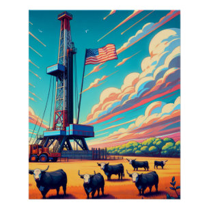 Pôster Cena De Perfuração De Gás De Petróleo Bovinos E Pa