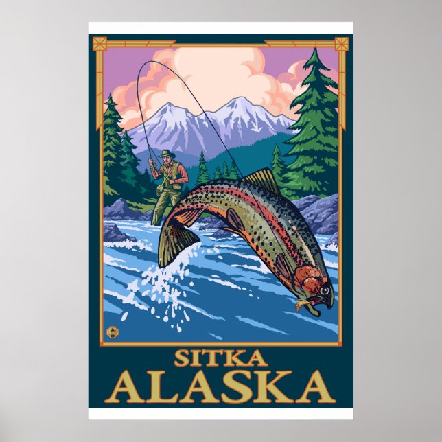 Poster Cena de Pesca de Voo - Sitka, Alasca (Frente)