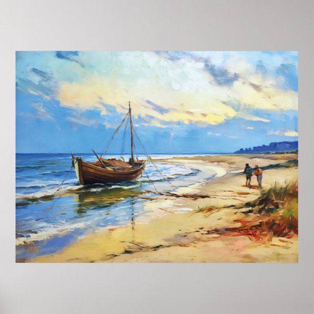 Poster Cena de Pescadores na Praia do Mar Báltico com Fi (Frente)