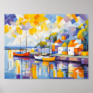 Poster Cena de Porto Cubista com Barcos