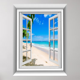 Poster Cena de Praia 3D Realista Vista de Janela Falsa