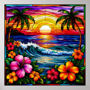 Poster Cena de Praia ao Pôr do Sol Tropical com Flores Vi