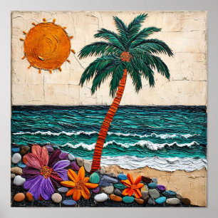 Poster Cena de praia de desenho animado fofo paisagem mar
