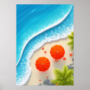 Poster cena de praia de verão com guarda-chuvas laranja e