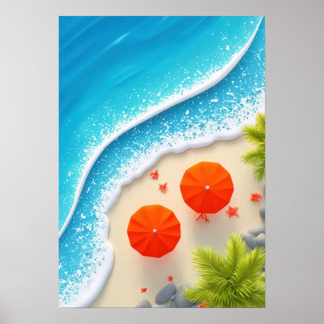 Poster cena de praia de verão com guarda-chuvas laranja e (Frente)