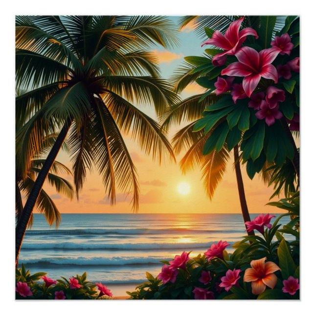 Pôster Cena de Praia Sunset Tropical com Palmeiras (Frente)