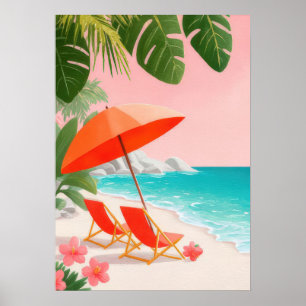 Poster Cena de praia tropical com cadeiras de descanso