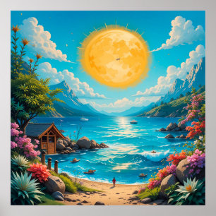 Poster Cena de Praia Tropical com Flores Vibrantes