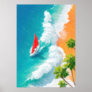 Poster cena de praia tropical com veleiro e ondas