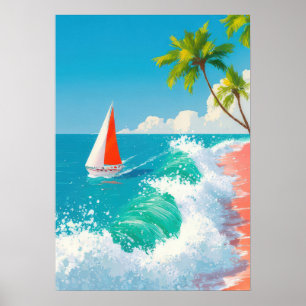 Poster cena de praia tropical com veleiro e ondas