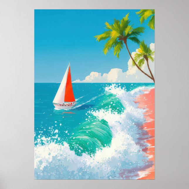 Poster cena de praia tropical com veleiro e ondas (Frente)