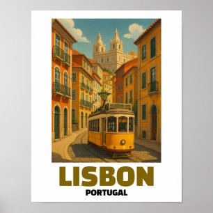 Poster Cena de Rua de Elétrico Retrô Lisboa Portugal Vint