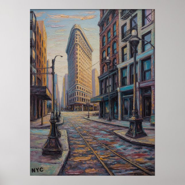 Poster Cena de Rua do Edifício Flatiron em NYC com Trilha (Frente)