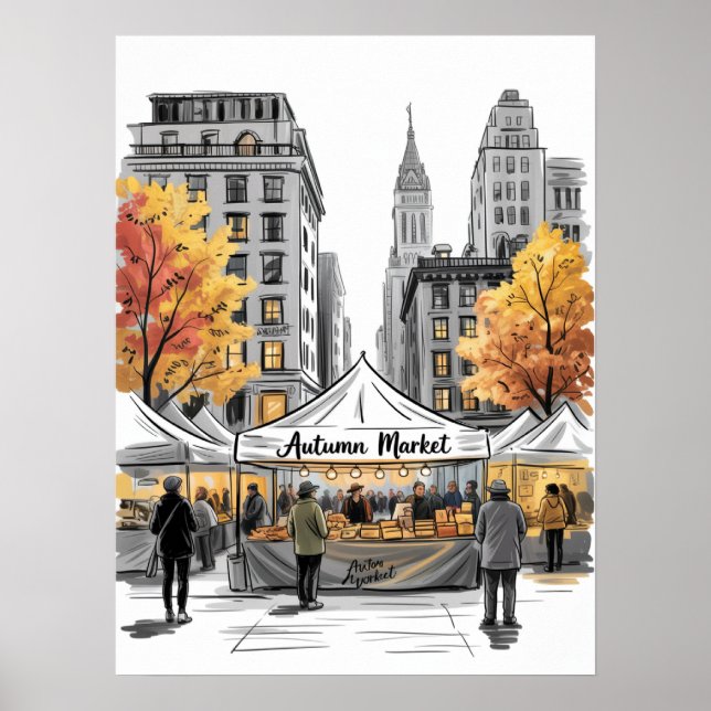 Poster Cena de Rua do Mercado de Outono da Cidade de Nova (Frente)