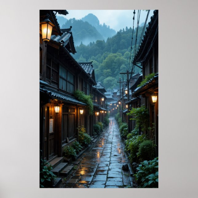 Poster Cena de Rua Encantadora de Vila Japonesa (Frente)
