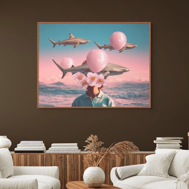 Poster Cena de Sonho Surreal com Tubarões e Balões (Surreal Dreamscape with Sharks and Balloons)