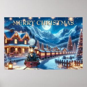Poster Cena de trem mágico de férias de inverno com neve