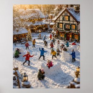 Poster Cena de Vila de Batalha de Bolas de Neve em Miniat