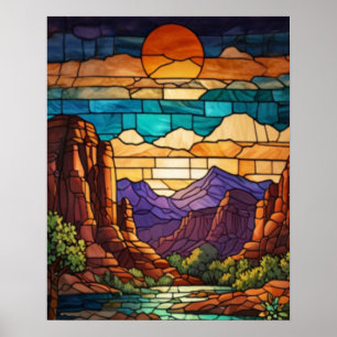Poster Cena do deserto retrô arte em vitral das montanhas