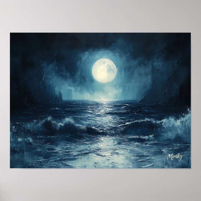 Poster Cena do Oceano ao Luar Temperamental com Ondas Reb (Frente)