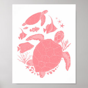 Poster Cena do Oceano Rosa Corado com Peixes e Tartarugas