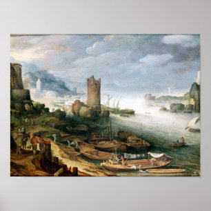 Poster Cena do rio com uma torre arruinada