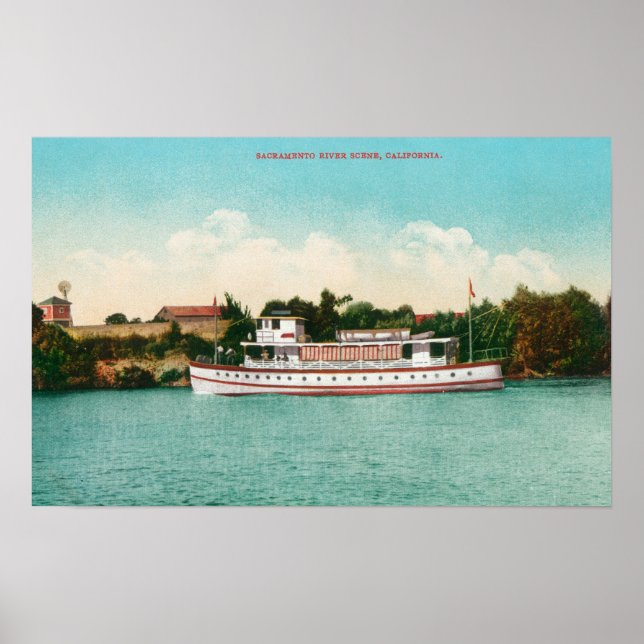 Poster Cena do Rio Sacramento com um Riverboat (Frente)