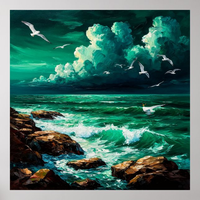 Poster Cena Dramática do Oceano com Gaivotas e Ondas (Frente)