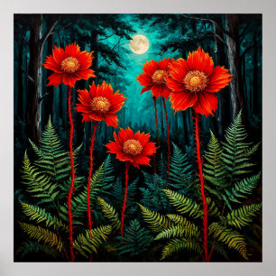 Poster Cena Encantadora da Floresta Flores Vermelhas Vibr