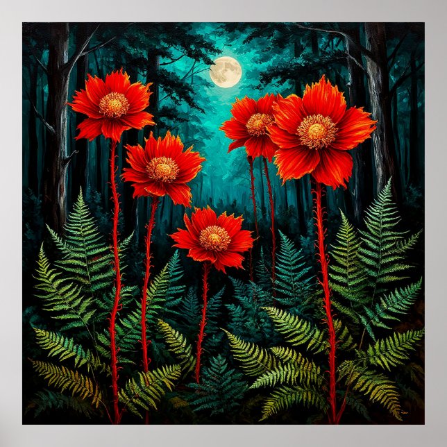 Poster Cena Encantadora da Floresta Flores Vermelhas Vibr (Frente)