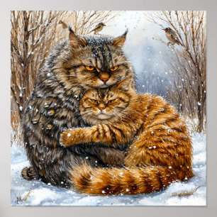 Poster Cena Enternecedora de Gatos de Rua no Inverno ❄️🐱