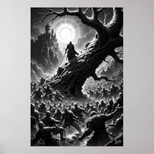 Poster Cena épica de batalha com guerreiros medievais sob