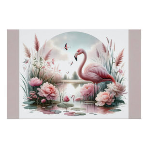 Pôster Cena Floral de Flamingo em Lagoa Pastel